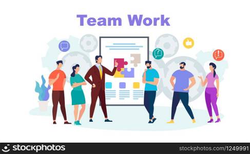 Team Work Horizontal Banner with Copy Space. Office Business People Listen Speaking Coacher at Big Screen with Puzzle Pieces. Employees Watch Presentation. Cartoon Characters. Flat Vector Illustration. Team Work Horizontal Banner with Copy Space