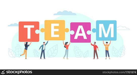 Team work puzzle. Tiny people put in row big letters, business collaboration, colleagues cooperation, joint achievement goal. Partnership in company, men and women work together vector cartoon concept. Team work puzzle. Tiny people put in row big letters, business collaboration and cooperation, joint achievement goal. Partnership in company, men and women work together vector cartoon concept