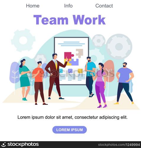 Team Work Square Banner with Copy Space. Male Coach Character Making Presentation for Group of People. Confident Man Pointing on Flip Board with Puzzle Pieces. Cartoon Flat vector Illustration. Team Work Square Banner with Copy Space.