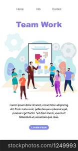Team Work Vertical Banner with Copy Space. People Listen Business Speaker at Huge Screen with Puzzle Pieces. Office Workers Characters Watching Presentation of Coach. Cartoon Flat Vector Illustration. Team Work Vertical Banner with Copy Space.