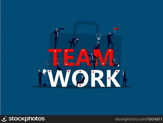 Team work word. Little people build word teamwork together. Creating a business project.
