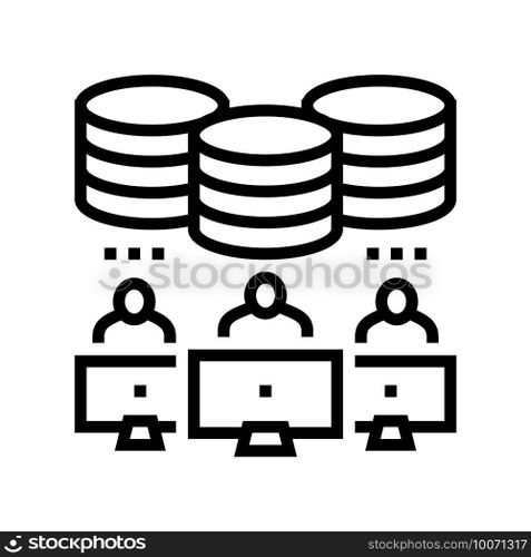 team working at computers digital processing line icon vector. team working at computers digital processing sign. isolated contour symbol black illustration. team working at computers digital processing line icon vector illustration