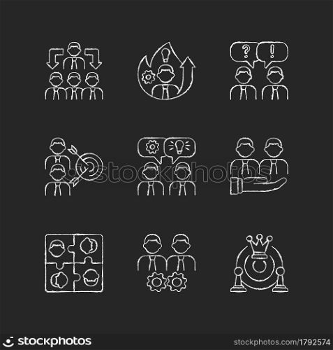Team working chalk white icons set on dark background. Business cooperation. Collective communication. Coworkers interaction and cohesion. Isolated vector chalkboard illustrations on black. Team working chalk white icons set on dark background
