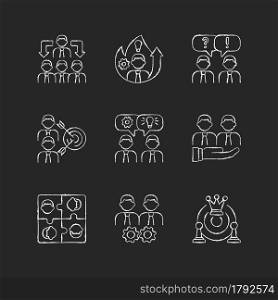 Team working chalk white icons set on dark background. Business cooperation. Collective communication. Coworkers interaction and cohesion. Isolated vector chalkboard illustrations on black. Team working chalk white icons set on dark background