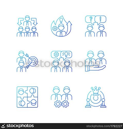 Team working gradient linear vector icons set. Business cooperation. Collective communication. Coworkers interaction. Thin line contour symbols bundle. Isolated vector outline illustrations collection. Team working gradient linear vector icons set