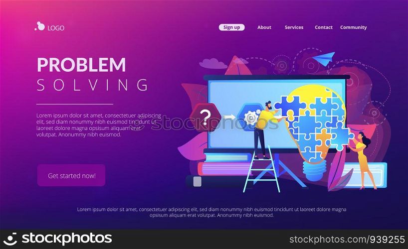 Team working on analyzing the factors or causes contributing to the unwanted situation. Problem solving, find solutions, problem-solving techniques. Website vibrant violet landing web page template.. Problem solvingconcept landing page.