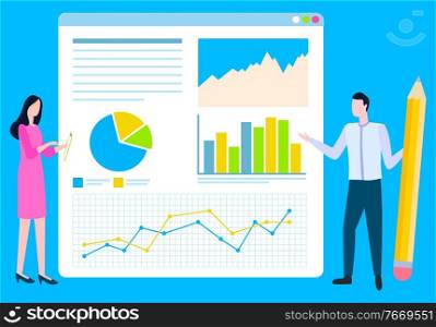Team working on business projects developments and analysis of stats vector. Man and woman with diagrams and infocharts with explanatory text on board. Presentation on Board, Business Development Team