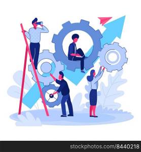 Team working on project together. People moving gear mechanism, growth chart flat vector illustration. Teamwork, management, cooperation concept for banner, website design or landing web page