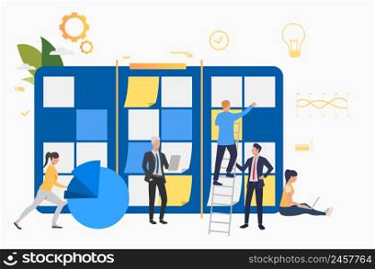 Team working on startup. Note board, diagram, scrum meeting. Business concept. Vector illustration can be used for presentation slides, landing pages, posters. Team working on startup