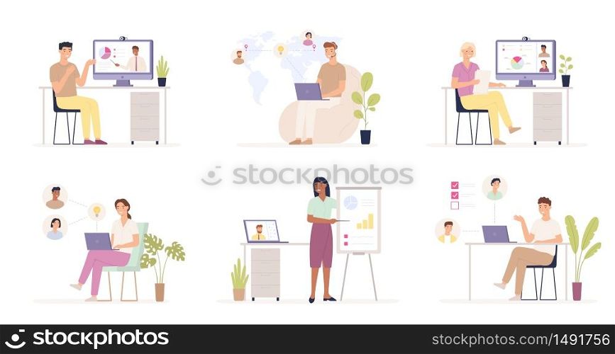 Team working remotely. Distance job, users in corporate cloud system, remote business management, online global outsourcing vector. Corporate system cloud, management global illustration. Team working remotely. Distance job, users in corporate cloud system, remote business management, online global outsourcing vector set