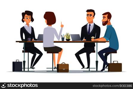 Team working together. Office talking peoples managers business group dialogue coworkers persons vector concept pictures. Illustration of teamwork group company, woman and man at table. Team working together. Office talking peoples managers business group dialogue coworkers persons vector concept pictures