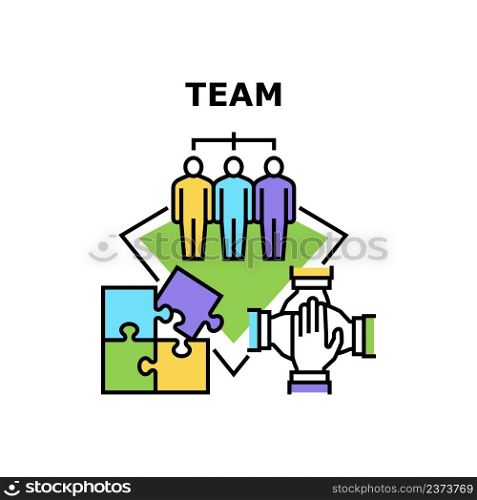Team Working Vector Icon Concept. Team Working Together In Company Office, Co-workers Colleagues Success Work And Solve Problem. Corporate Teamwork And Partnership Cooperation Color Illustration. Team Working Vector Concept Color Illustration
