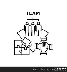 Team Working Vector Icon Concept. Team Working Together In Company Office, Co-workers Colleagues Success Work And Solve Problem. Corporate Teamwork And Partnership Cooperation Black Illustration. Team Working Vector Concept Black Illustration