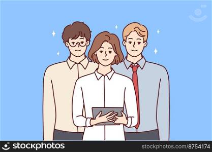Team young professionals from woman with tablet and two men in business clothes look at screen. Office workers from large company or managers of small startup stand nearby. Flat vector design . Team young professionals from woman with tablet and two men in business clothes. Vector image