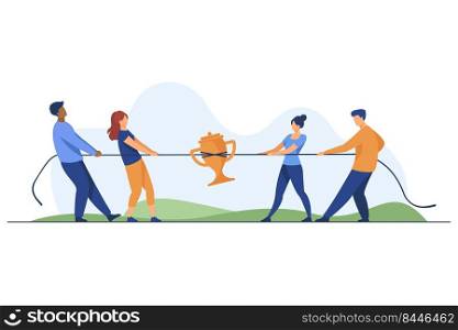 Teams competing for prize. People playing tug-of-war, pulling rope with golden cup flat vector illustration. Competition, contest concept for banner, website design or landing web page