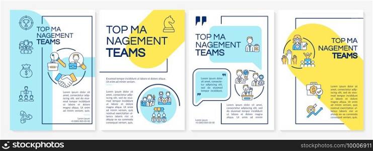 Teams of top management brochure template. Corporate strategy. Flyer, booklet, leaflet print, cover design with linear icons. Vector layouts for magazines, annual reports, advertising posters. Teams of top management brochure template
