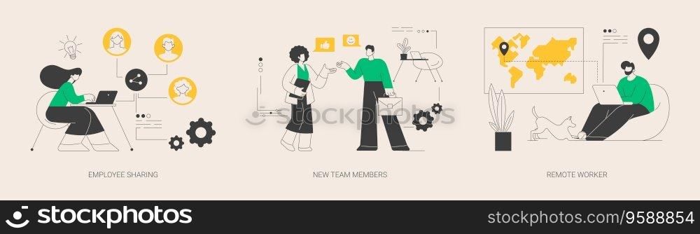 Teamwork abstract concept vector illustration set. Employee sharing, new team members, remote worker, online job, distance team, outsource freelancer, sign contract, adaptation abstract metaphor.. Teamwork abstract concept vector illustrations.