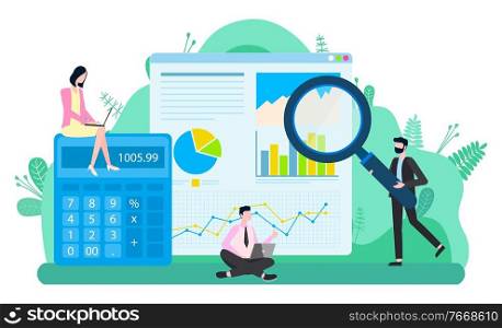 Teamwork accounting, calculator and graph report, man holding loupe. Investment and communication with laptop, professional workers, budget vector. Accounting Finance, Graph Report, Worker Vector