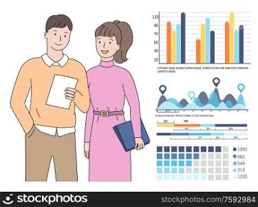 Teamwork analysis on business project results vector, man and woman looking at document, report in hands of worker, information in visual representation. Visual Representation and People Working in Team