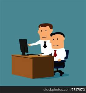 Teamwork and assistance business concept design usage. Concentrated cartoon businessman and boss are working together on a project using desktop computer. Business collegues working together using computer