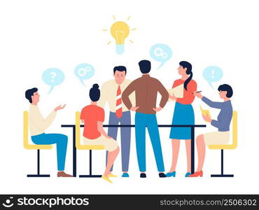 Teamwork and brainstorm. Innovation team office process, people group thinking project and discuss ideas. Career in economic, enterprise recent vector scene. Illustration of business team meeting. Teamwork and brainstorm. Innovation team office process, people group thinking project and discuss ideas. Career in economic, enterprise recent vector scene