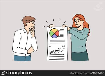 Teamwork and business development concept. Young woman worker standing and showing to her colleague presentation with successful diagram chart vector illustration . Teamwork and business development concept.