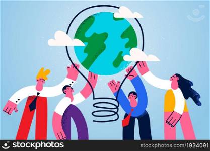 Teamwork and Business Innovative ideas concept. Group of Young smiling business people cartoon characters standing holding huge light bulb above as air balloon vector illustration . Teamwork and Business Innovative ideas concept.