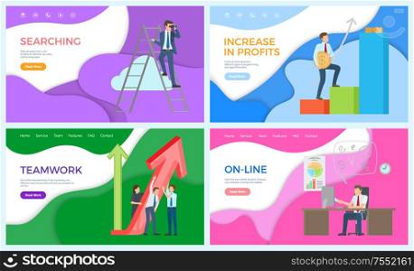 Teamwork and business search, new ideas accumulation vector. Profits in making money, financial level, online services, male working in distant form. Teamwork and Business Search, Ideas Accumulation