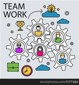 Teamwork and collaboration business concept with gears and people in doodle line style, vector illustration. Teamwork business concept with gears and people vector illustration