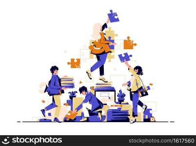 Teamwork and collaboration in business. Concept of partnership, support and communication in work. Vector flat illustration with people assembling jigsaw with puzzle pieces together. Teamwork and collaboration in business and work