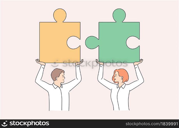 Teamwork and collaboration in business concept. Young man and woman partners holding huge pieces of one puzzle going towards each other as team vector illustration . Teamwork and collaboration in business concept