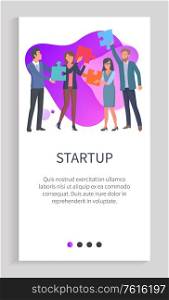 Teamwork and collaboration of people vector. Jigsaw in hands of workers, strategy and new ideas concerning new project launching, puzzle pieces. Slider for business app with startup team. Startup People with Puzzles, Teamwork Website App