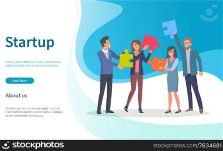 Teamwork and collaboration of people vector. Jigsaw in hands of workers, strategy and new ideas concerning new project launching, puzzle pieces. Website or webpage template, landing page flat style. Startup People with Puzzles, Teamwork Website