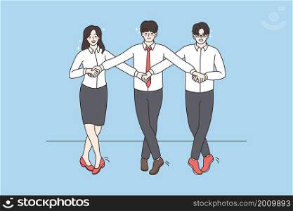 Teamwork and corporate party concept. Group of three colleagues holding hands dancing together in office during corporate event vector illustration . Teamwork and corporate party concept