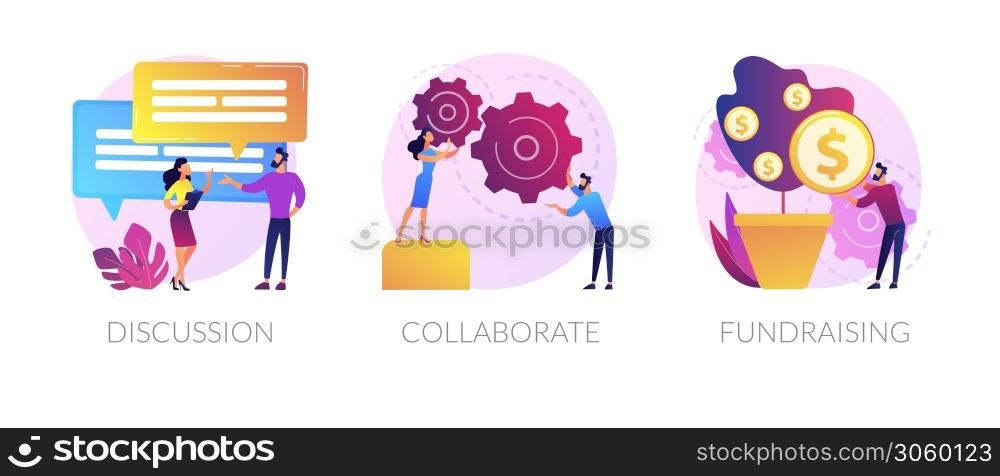 Teamwork and coworking web banners set. Online business conference, money investment. Discussion, collaboration, fundraising metaphors. Vector isolated concept metaphor illustrations. Website media elements vector concept metaphors.