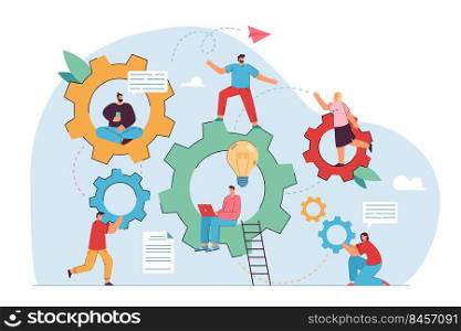 Teamwork and engineering vector illustration. Company staff moving  gear mechanism together, using laptop, talking, sitting in cogwheels. For technology, communication concept