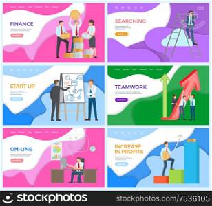 Teamwork and finance strategy, increasing profit vector. Whiteboard with charts and information about startup, businessman with ideas explanation. Teamwork and Finance Strategy Increasing Profit