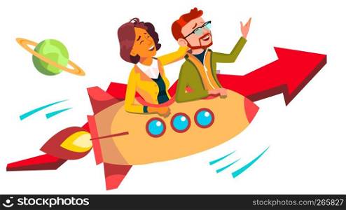 Teamwork And Leader Vector. Team Of Female Male Businessmen Riding Rocket And Flying Up Together. Illustration. Teamwork And Leader Vector. Team Of Female And Male Businessmen Riding Rocket And Flying Up Together. Illustration