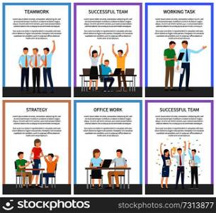 Teamwork and strategy, successful team, and office work, set of placard with concentrated people, meetings and presentations, vector illustration. Teamwork and Strategy Set Vector Illustration