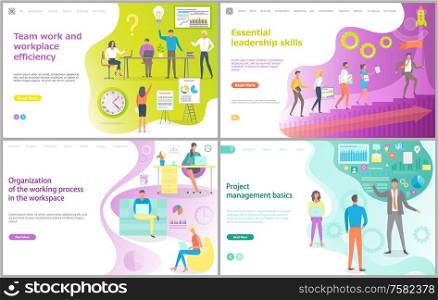 Teamwork and workplace efficiency, essential leadership skills, organization of the working process, project management basics, graphic presentation vector. Website template, landing page flat style. Management Project and Teamwork, Web Page Vector