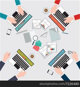Teamwork at table, business strategy, statistic, web analytics, brainstorming in flat style, conceptual vector illustration.