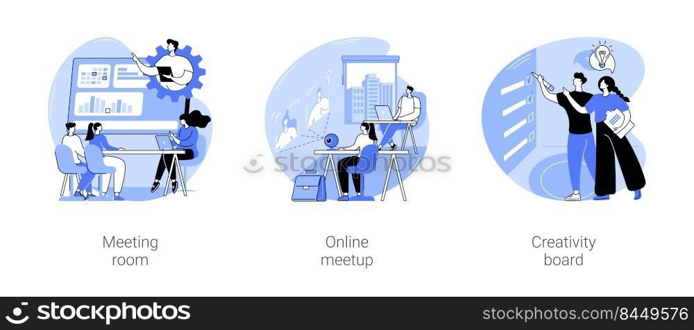Teamwork at the office isolated cartoon vector illustrations set. Colleagues discussing business in a meeting room, online meetup, team video call, creativity board, modern workplace vector cartoon.. Teamwork at the office isolated cartoon vector illustrations se