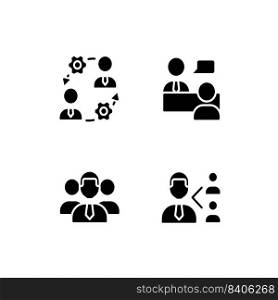 Teamwork black glyph icons set on white space. Onboarding process. Job interview. Referral program. Company staff. Silhouette symbols. Solid pictogram pack. Vector isolated illustration. Teamwork black glyph icons set on white space