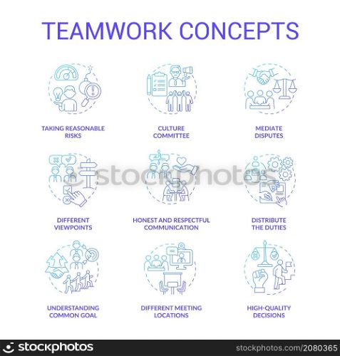 Teamwork blue gradient concept icons set. Successful collaboration. Employees coworking idea thin line color illustrations. Isolated outline drawings. Roboto-Medium, Myriad Pro-Bold fonts used. Teamwork blue gradient concept icons set