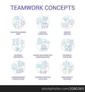 Teamwork blue gradient concept icons set. Successful collaboration. Employees coworking idea thin line color illustrations. Isolated outline drawings. Roboto-Medium, Myriad Pro-Bold fonts used. Teamwork blue gradient concept icons set