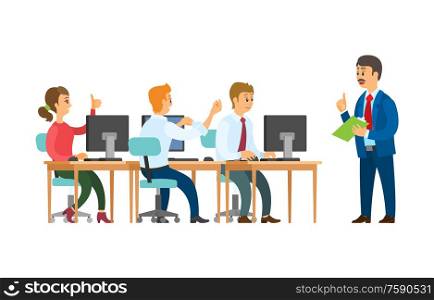 Teamwork, boss and employees, giving orders and working with computers vector. Man with notepad and clerks making annual report, isolated characters. Boss Giving Order to Employees Work at Computers