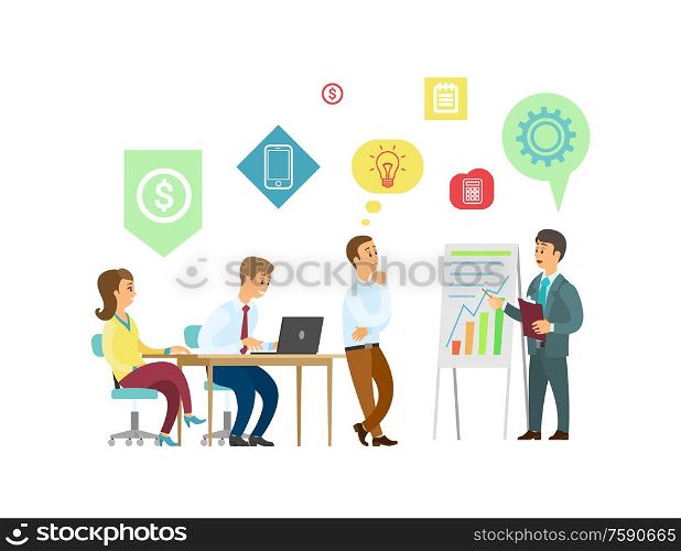 Teamwork, boss and employees with graphic presentation vector. Men and women, office workers and laptop, business project and work strategy, progress. Boss and Employees Discussing Graphic Presentation