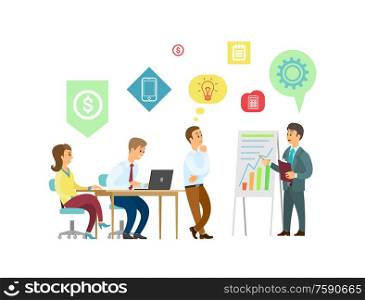 Teamwork, boss and employees with graphic presentation vector. Men and women, office workers and laptop, business project and work strategy, progress. Boss and Employees Discussing Graphic Presentation