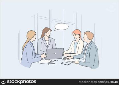 Teamwork, brainstorm, business communication concept. Group of positive young business people office workers partners sitting in office with laptop and discussing projects and collaborating . Teamwork, brainstorm, business communication concept