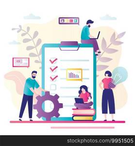 Teamwork, brainstorming concept. New project,office work. Job planner, various workers on workplace. Group of employees perform assigned tasks. Office day banner. Trendy vector illustration
